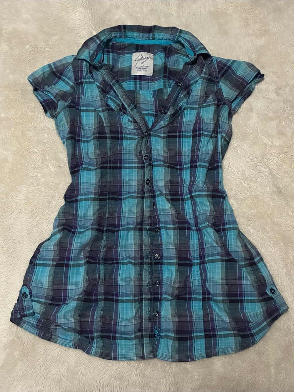 Garage Teal and Navy Plaid Button-Down Short Sleeve Shirt